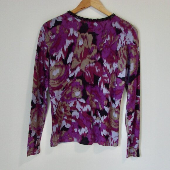 Cashmere Silk Sweater Cardigan Crewneck Preppy Purple Black Rhinestones Medium - Picture 9 of 13